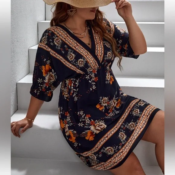 Boho Plus Size Floral Print Tie Back Dress - Picture 1 of 14